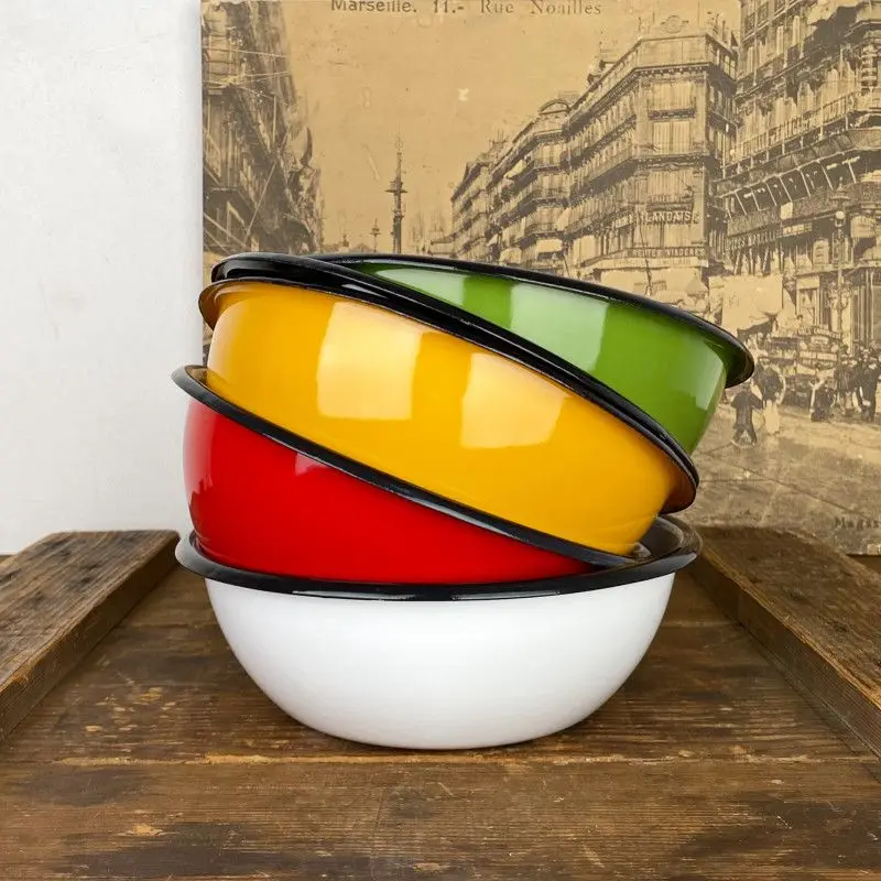 Wholesale large size solid color low price food safe printed logo camping outdoor metal enamel travel bowl