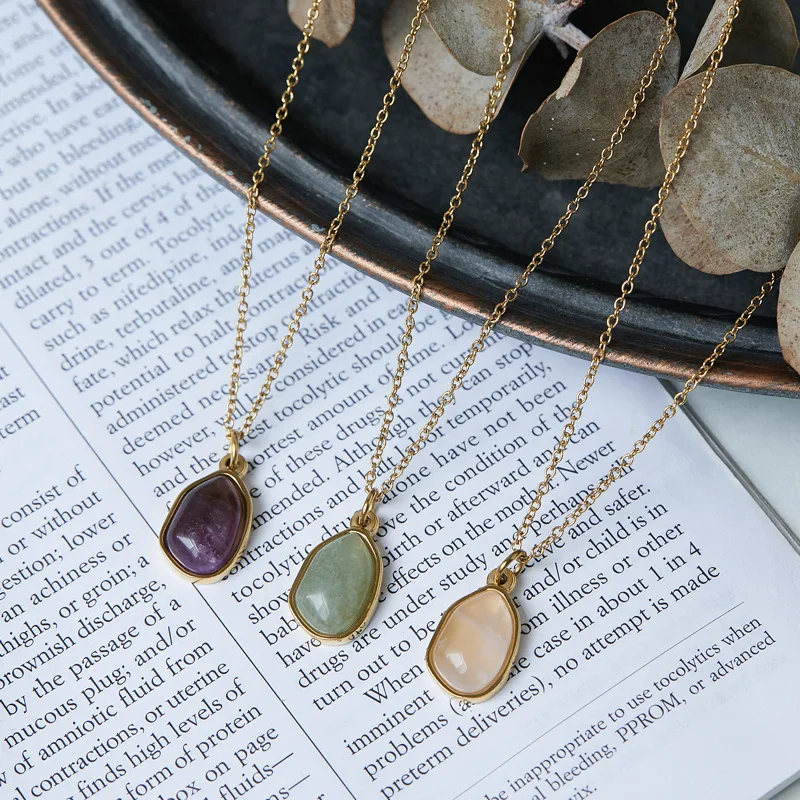 Irregular Geometric Green Aventurine Pendant Necklace 18k Gold Titanium Steel Purple Crystal Charm Necklaces Natural Stones
