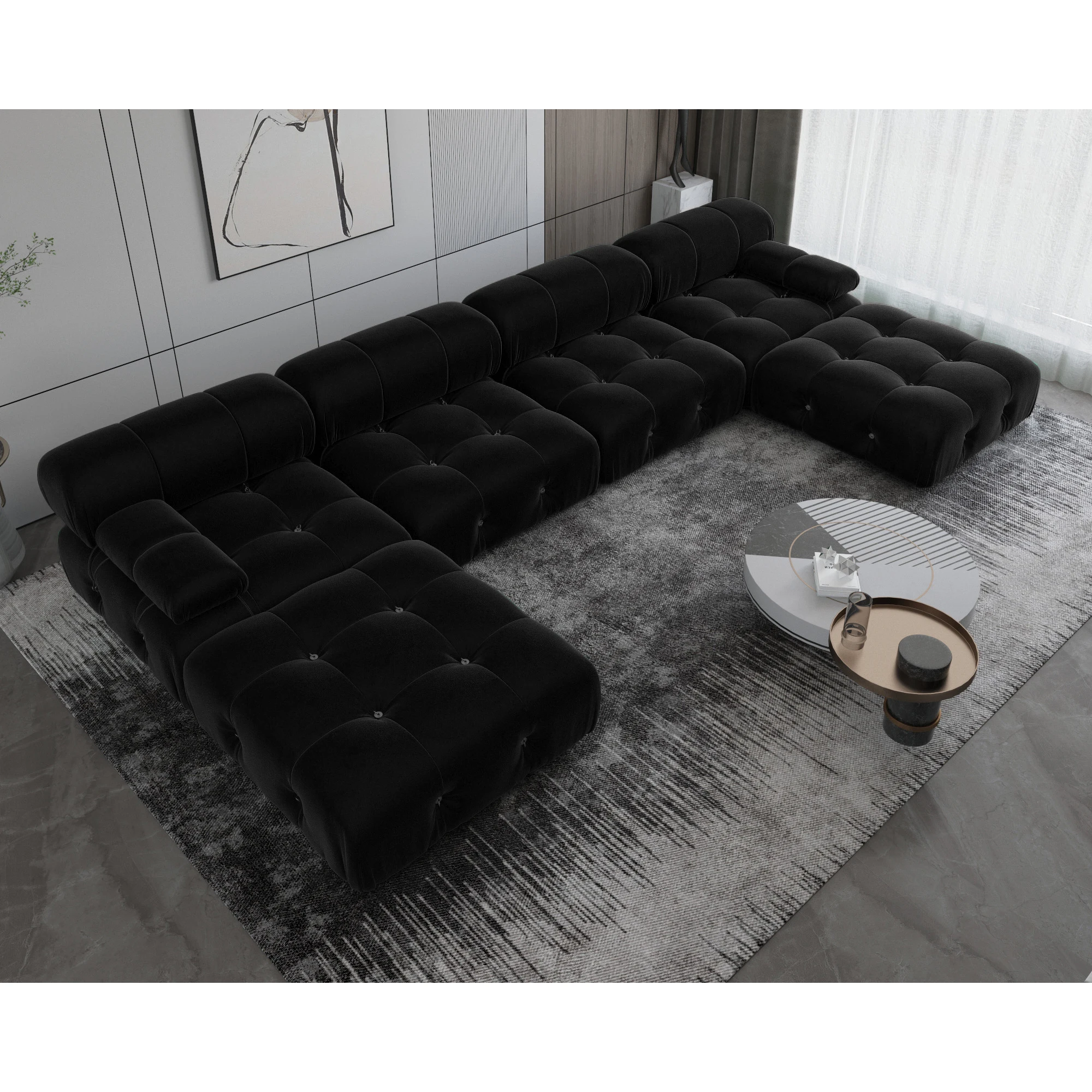 ATUNUS Wabi Sabi Furniture Black Velvet Modular Sectional Sofa Set Living Room Nordic Designer U Shape Couch With Ottoman