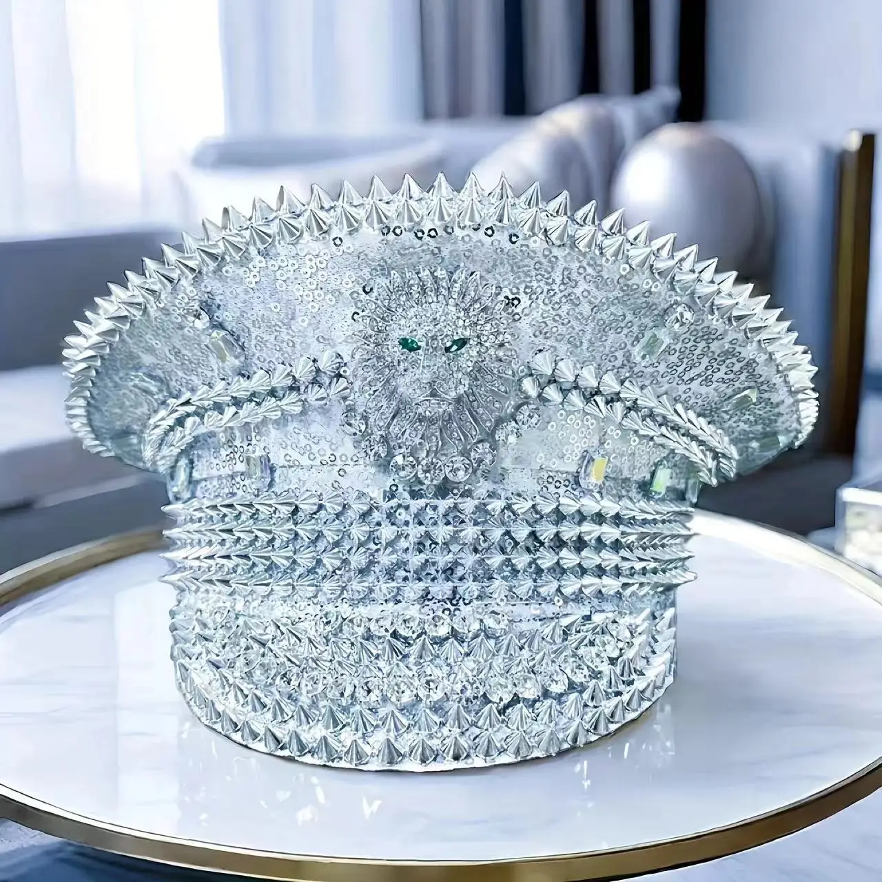 Lion Head Carnival Crazy Party Hat Bridal Navy a Silver with Silver Polyester Fiber Studded Punk Sequin Plush Unisex Adults