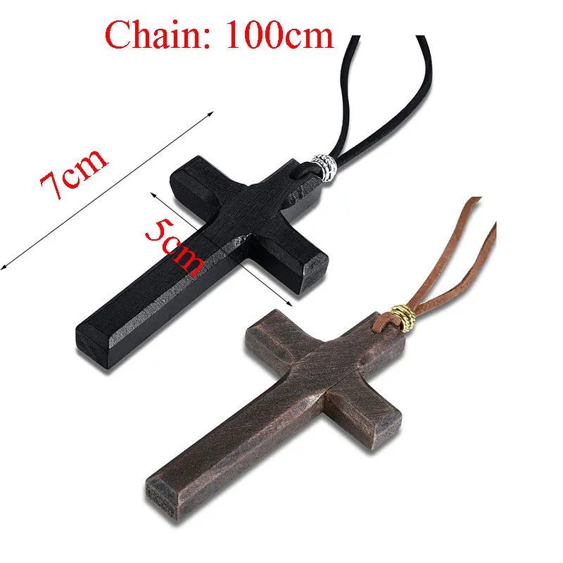 Wholesale Couple Long Cross Pendant Sweater Chain Minimalist Hand Carved Brown Black Wooden Cross Charm Necklace for Women Men