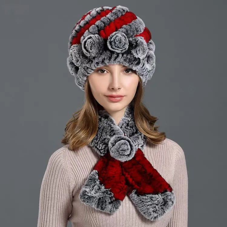 CX-SET-21M оптовая продажа шеи теплые вязаные меховые шарфы шапки из натурального меха кролика Рекс шарф Набор для