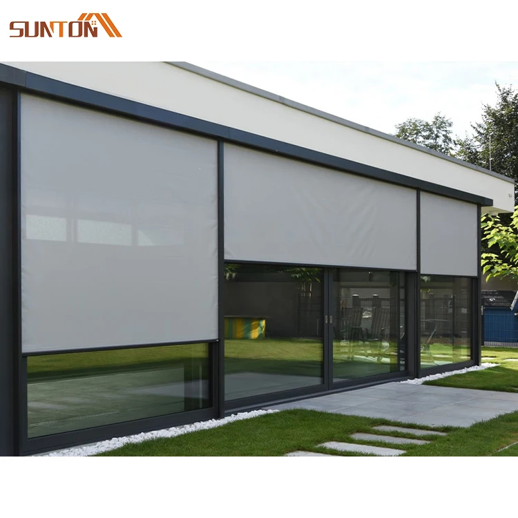 Custom sunshading outdoor sun shading curtain zipped screen rolling shades exterior electric automatic sunshade roller blinds
