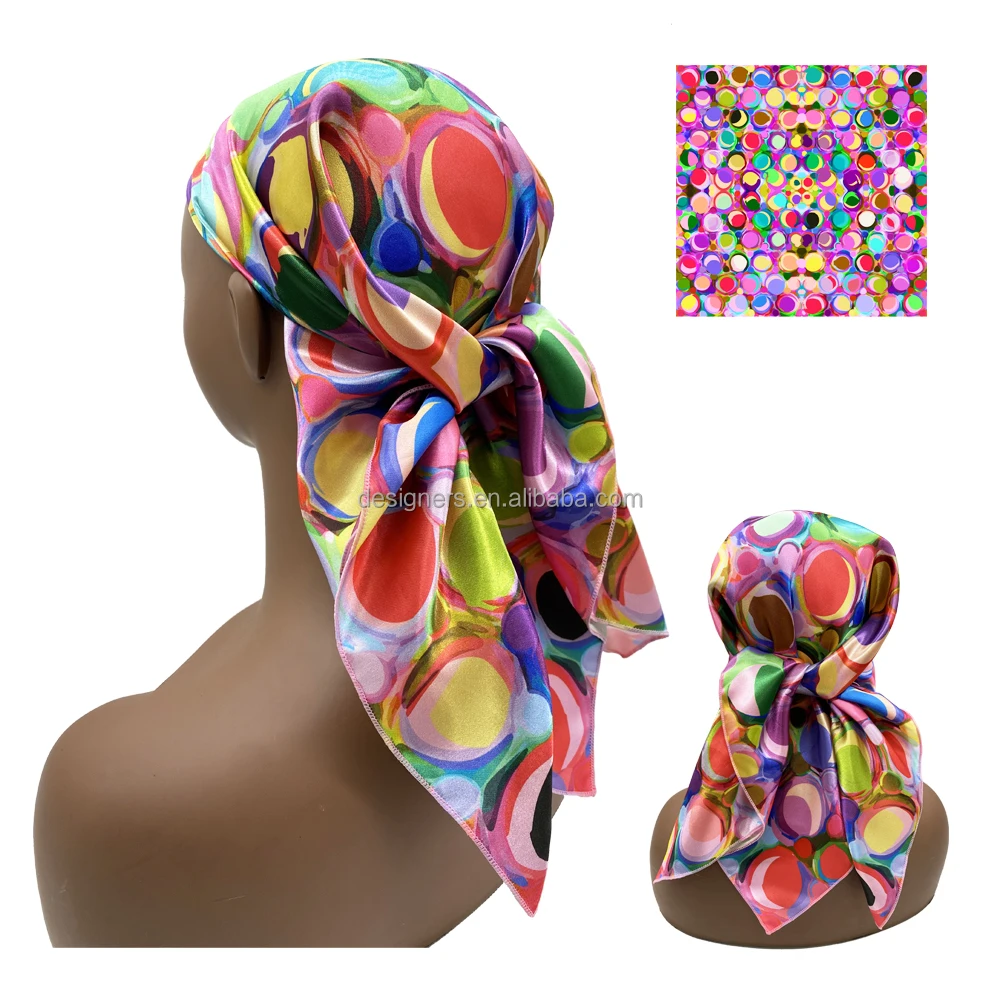 Custom print logo stylish long scarves square polyester silk satin designer head scarf for women