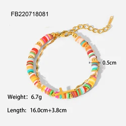 New Fashion 18K Gold Lovely Color Soft Ceramic Pink Blue Colourful  Double Chain Cross Zircon Beads Elements Bracelet For Women