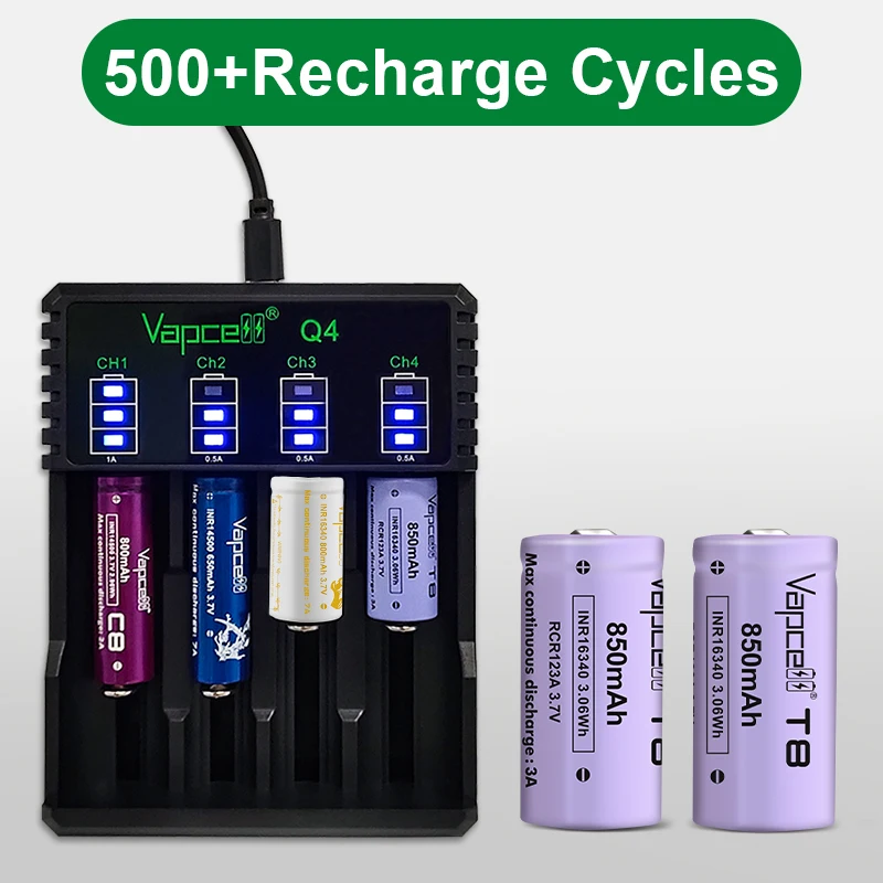 Аккумуляторные литий-ионные батарейки Vapcell T8 850 мАч 3 А INR16340 высокого качества для