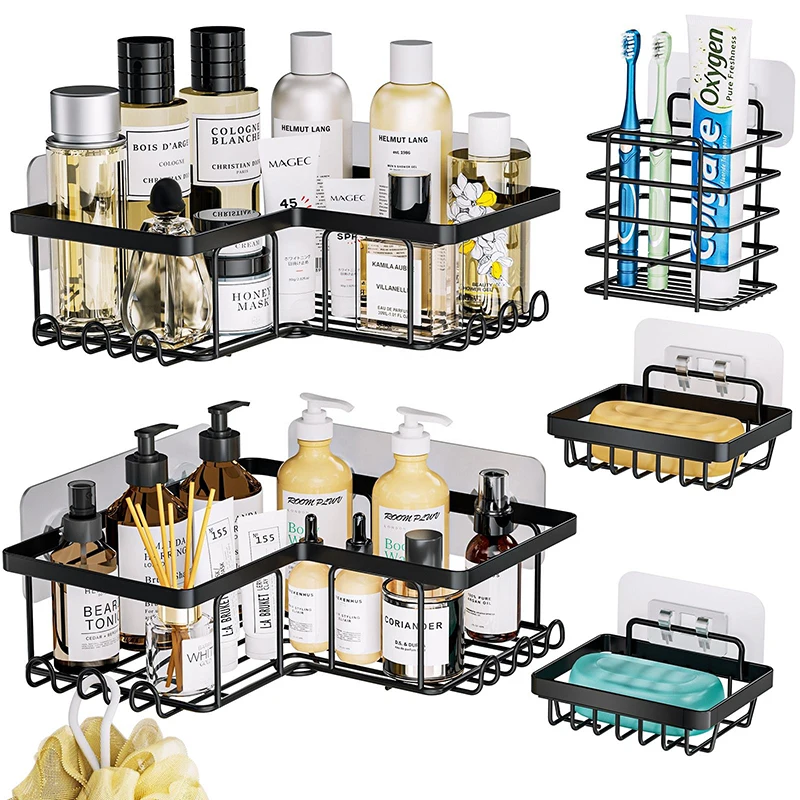 2024 Hot Sale Bathroom Organizer 5 Pack Stainless Steel Adhesive Shower Caddies Shower Corner Shelves with Hooks