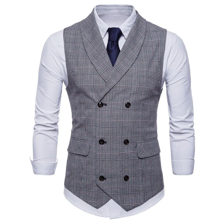 V Neck Double Breasted Vest Slim Fit Plaid Waistcoatcasual Vests for Men