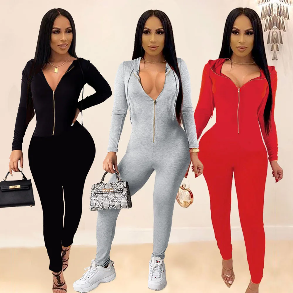202002046285-New Arrive Spring Women Bodysuit Playsuits Casual Fashion Zipper Hoodie Long Sleeve Jumpsuit For Women