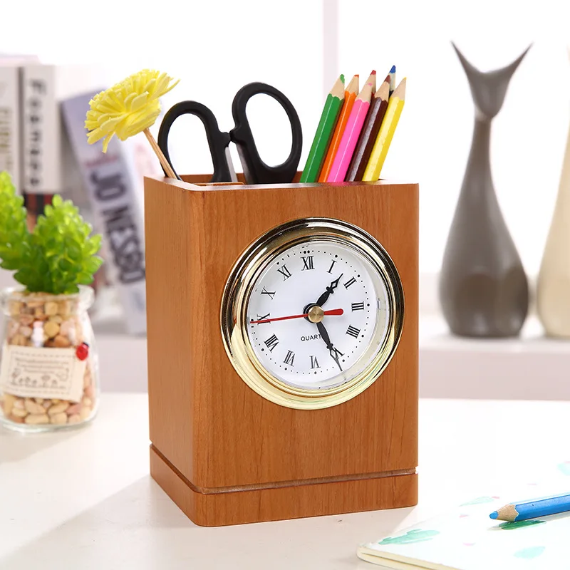 Factory wholesale pen holder wooden with clock