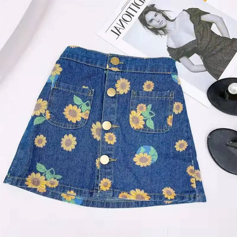 2022 New sweet baby girls clothing summer fashion girls suit denim high waist sling top and skirt two-piece suit