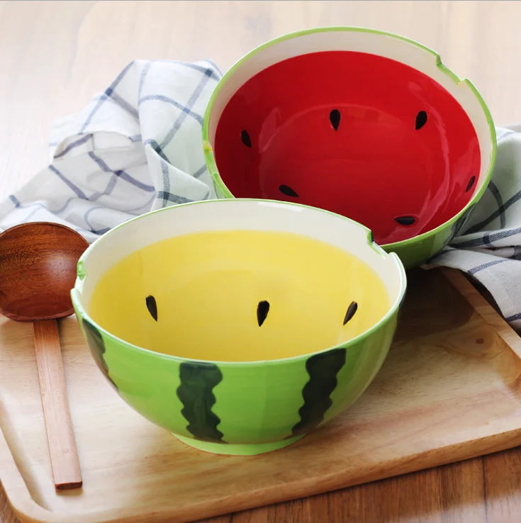 korean ceramic watermelon cereal rice bowl with spoon