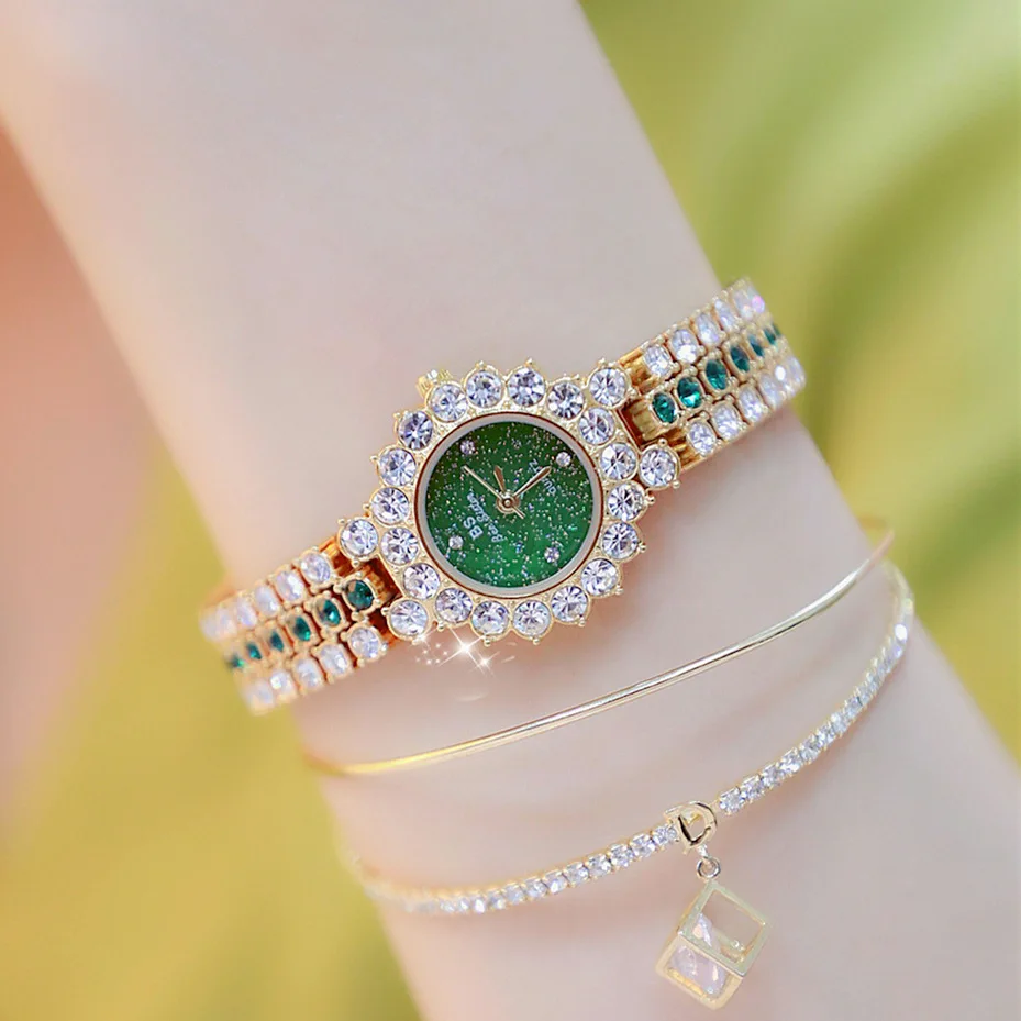 Full Bling Iced Out Luxury Crystal Women Fashion Bracelet Watch BS Diamond Gold Green Silver Blue Color Bracelet Relogio Mulher