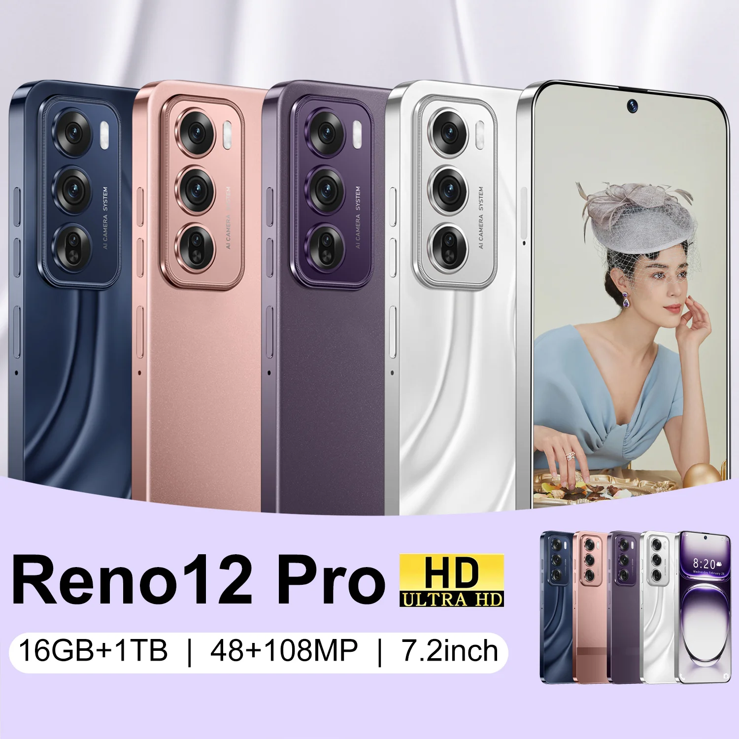 Popular design unlocked 7.3 Inch Reno 12 Pro Smartphone 16GB+1TB 5G Android 13.0 Dual SIM HD Screen cell phone Global Gaming