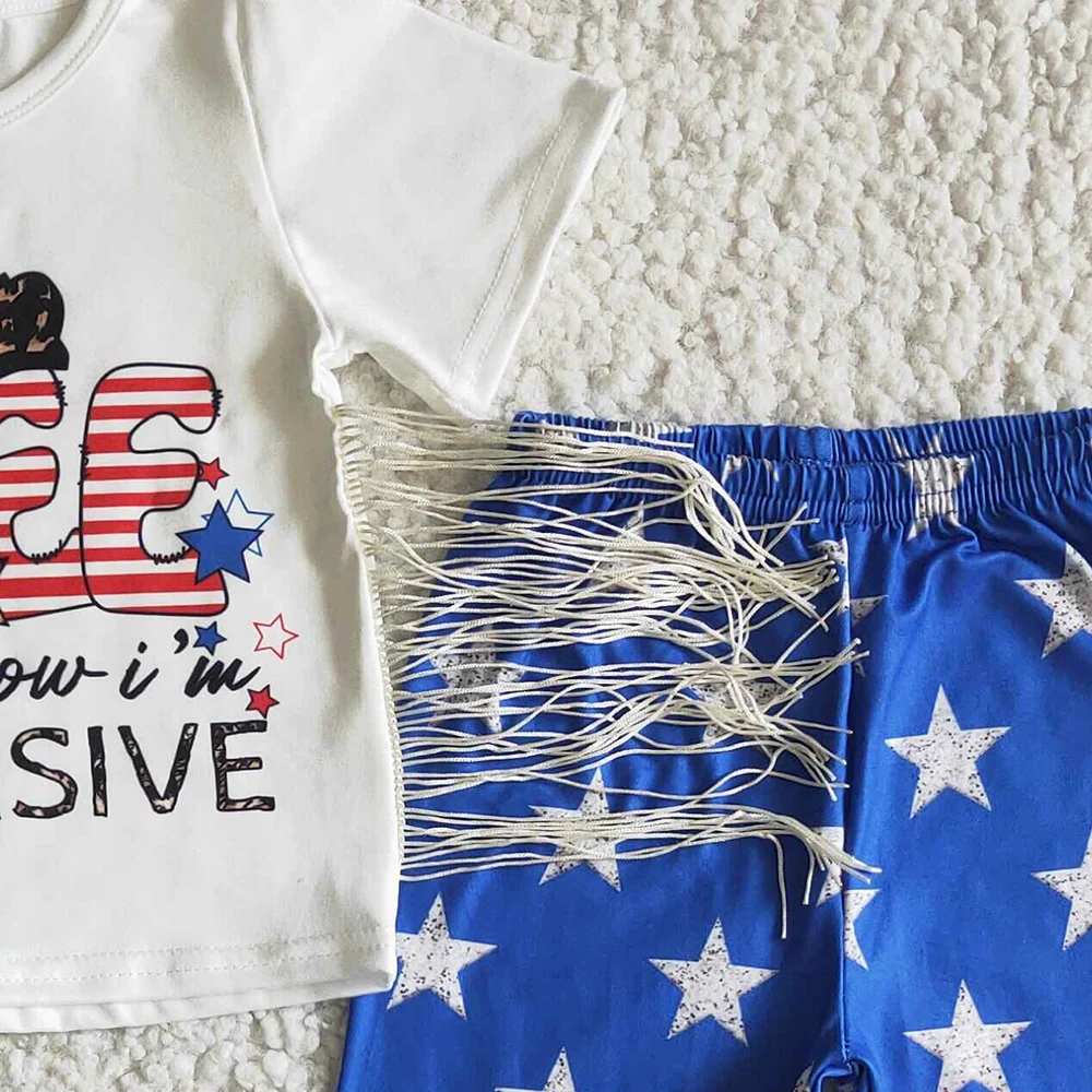Hot Sale Kids Designer Clothes Girls Boutique Outfits Blue Stars Baby Girl Clothes Sets July 4th Independence Day Kids Clothing