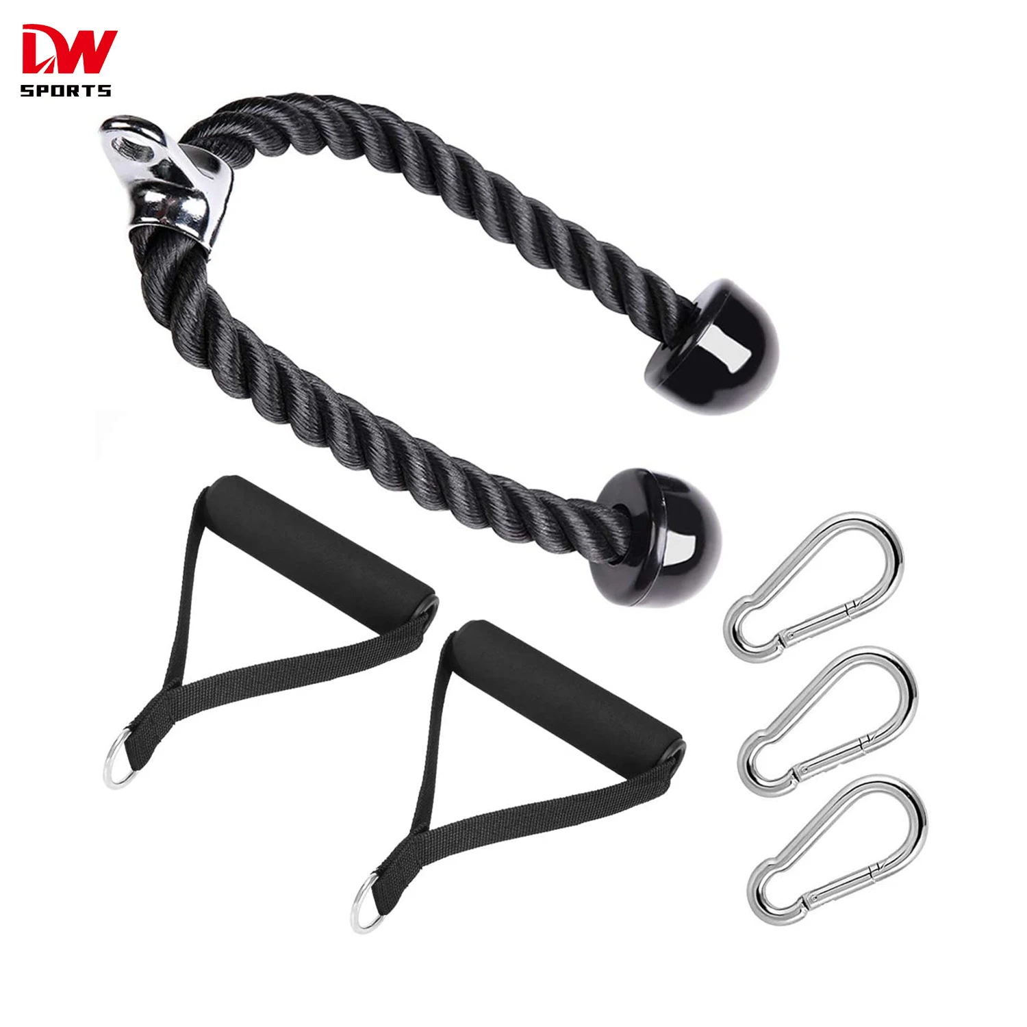 DW SPORTS Cable Attachment Triceps Push Bicep Pull Down Rope Cord with Powerful Handle and Snap Hook Carabiner