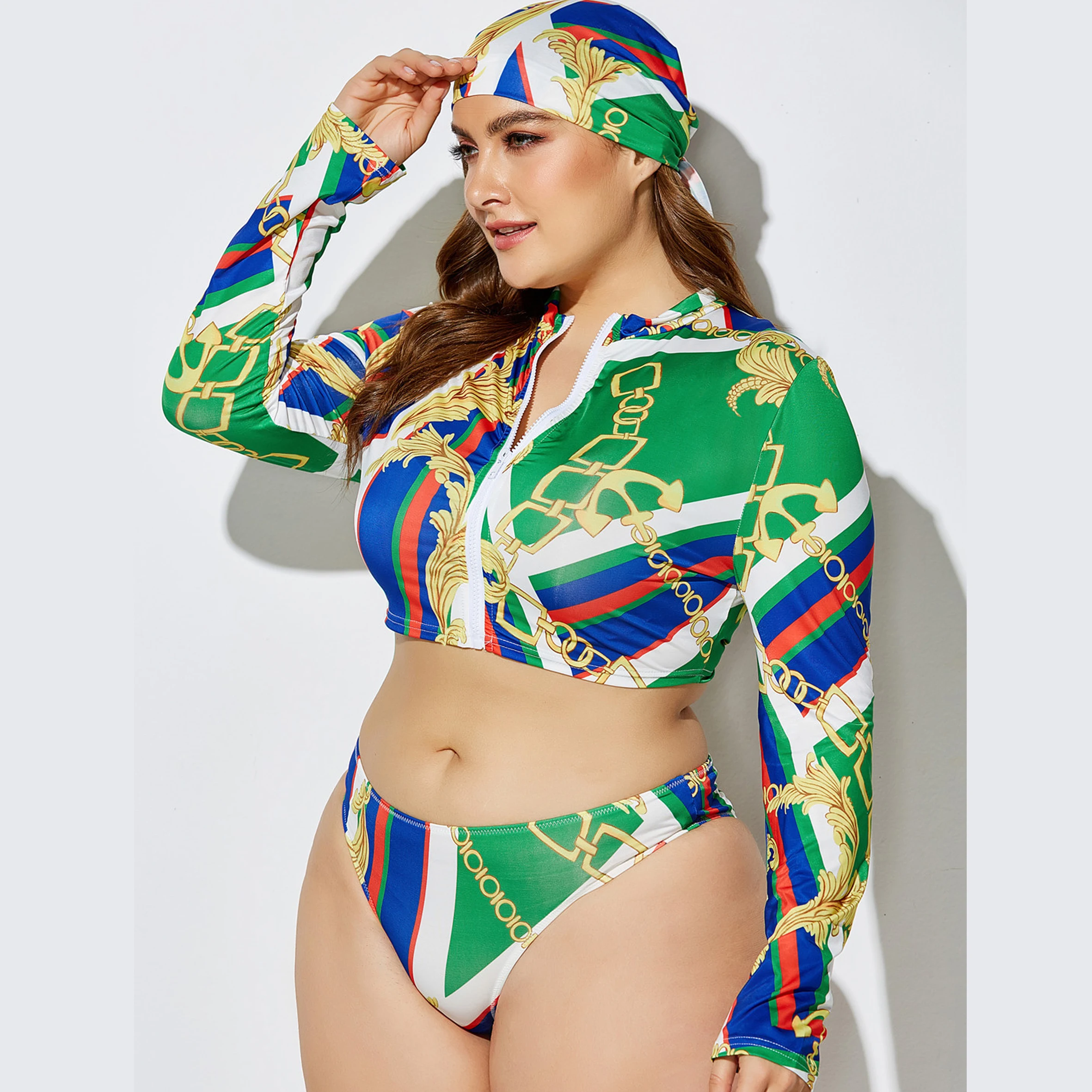 Plus Size Long Sleeve Sexy Bikini 3 Piece Swimwear Women
