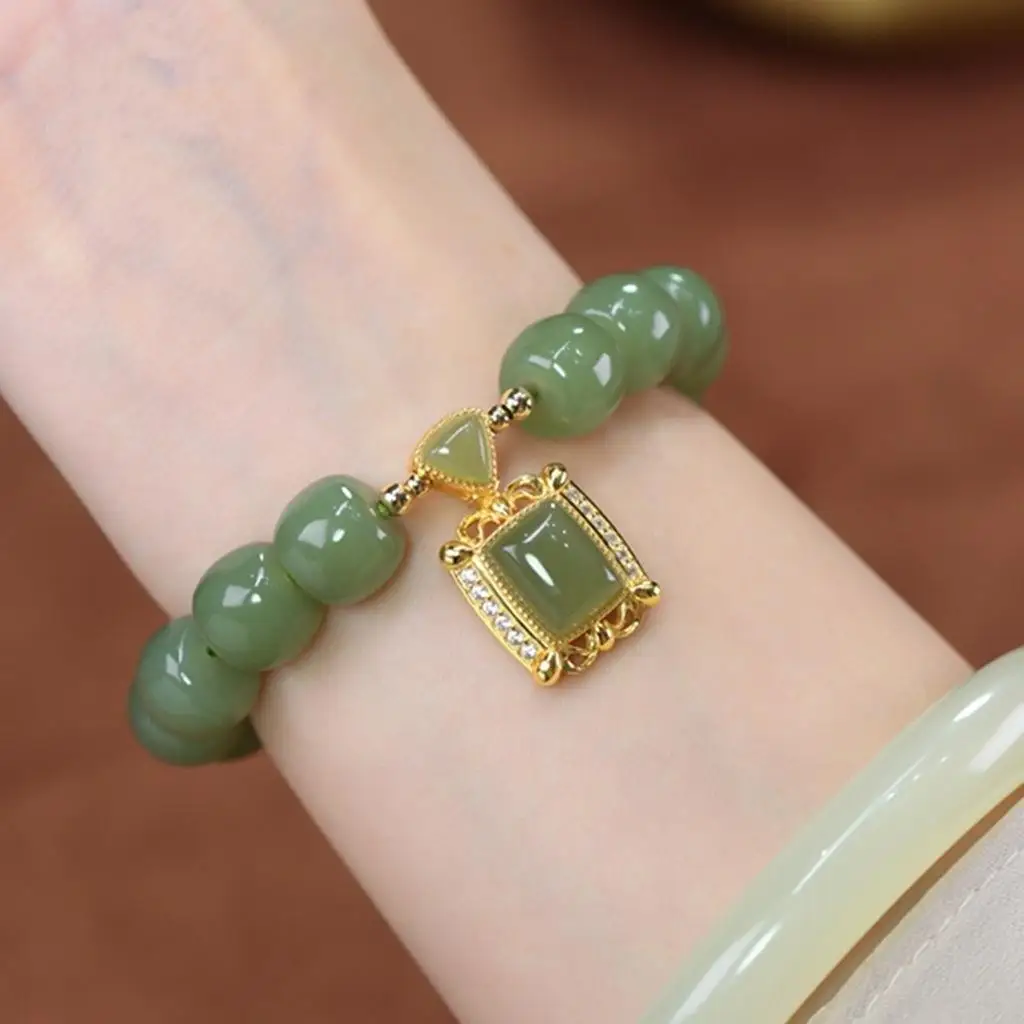 Exquisite Vintage Green Glass Imitated Jade Bracelet Zircon Square Women Natural Stone Beaded Bracelets Mother Friends Gifts