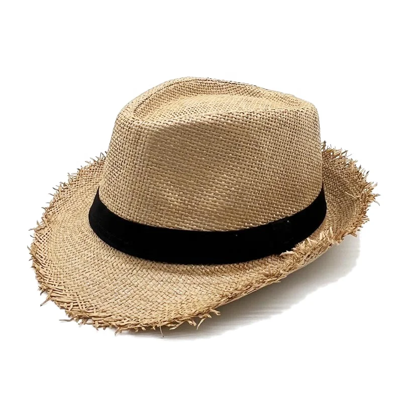 Unisex Black Ribbon Jazz Straw Hat Summer Beach Sun Hats Men Women UV Protection Short Brim Breathable Rough Edged Fedora Hat