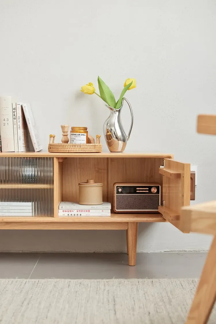 Atunus Natural Oak Wood Half-moon Handles TV Table Living Room Entertainment Center move Door Cabinets Modern TV Stands