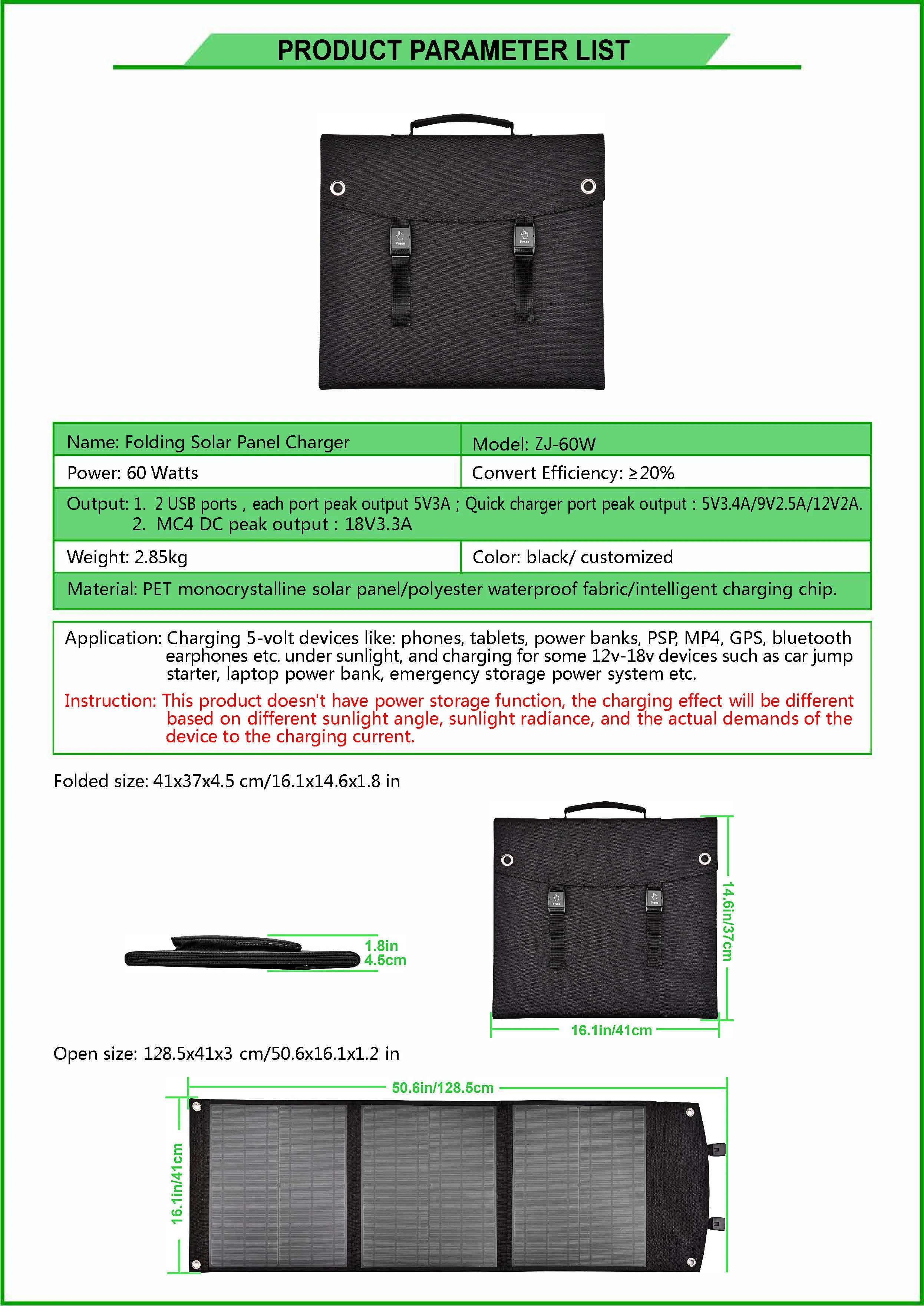 
60w Waterproof Folding solar powered window charger, Solar Panel Source Power Mobile USB Charger for Cell phones 