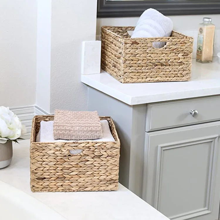 Handmade Foldable Woven Water Hyacinth Storage Basket Decorative Seagrass Wicker Shelf Basket With Handles