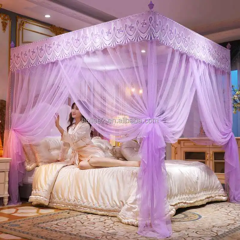 Romantic luxury Lace U type Palace style Guide rail mosquito net three open door telescopic mosquito net