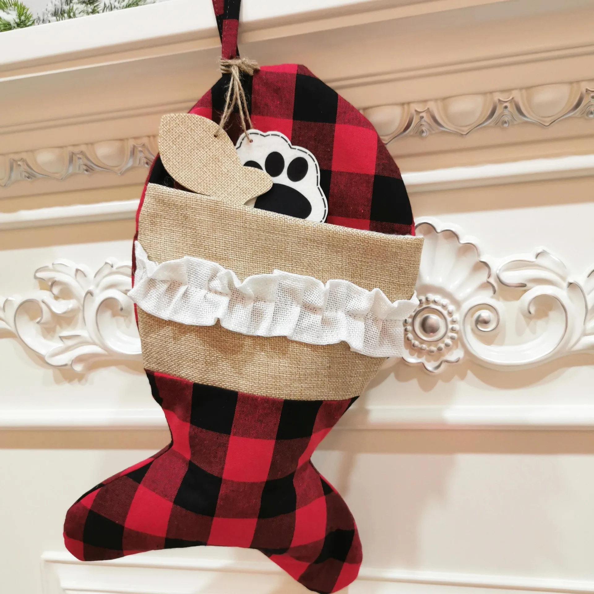 Free Sample Buffalo Plaid Christmas Stockings Large Bone Shape Hanging Pets for Dogs Decorations