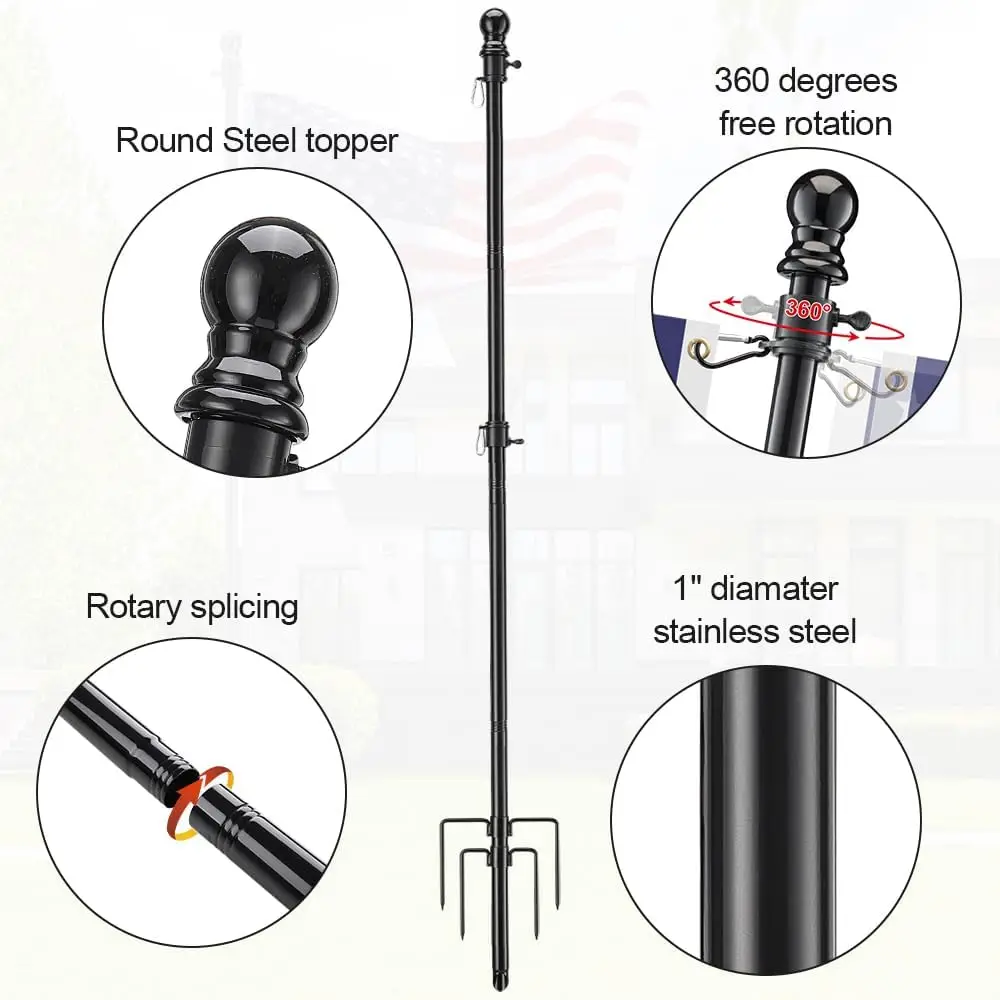 outdoor Yard 9 ft Tangle Free  Flag Pole Kit with 4 Anti-Tip Prong Base  black silver stainless steel flag poles
