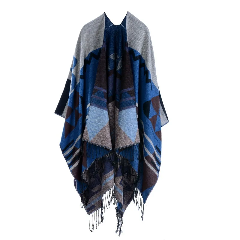 2022 New Arrival Hot Selling Reversible Shawl Poncho Double Faced Tassels Oversized New Fashion Style Lady Women