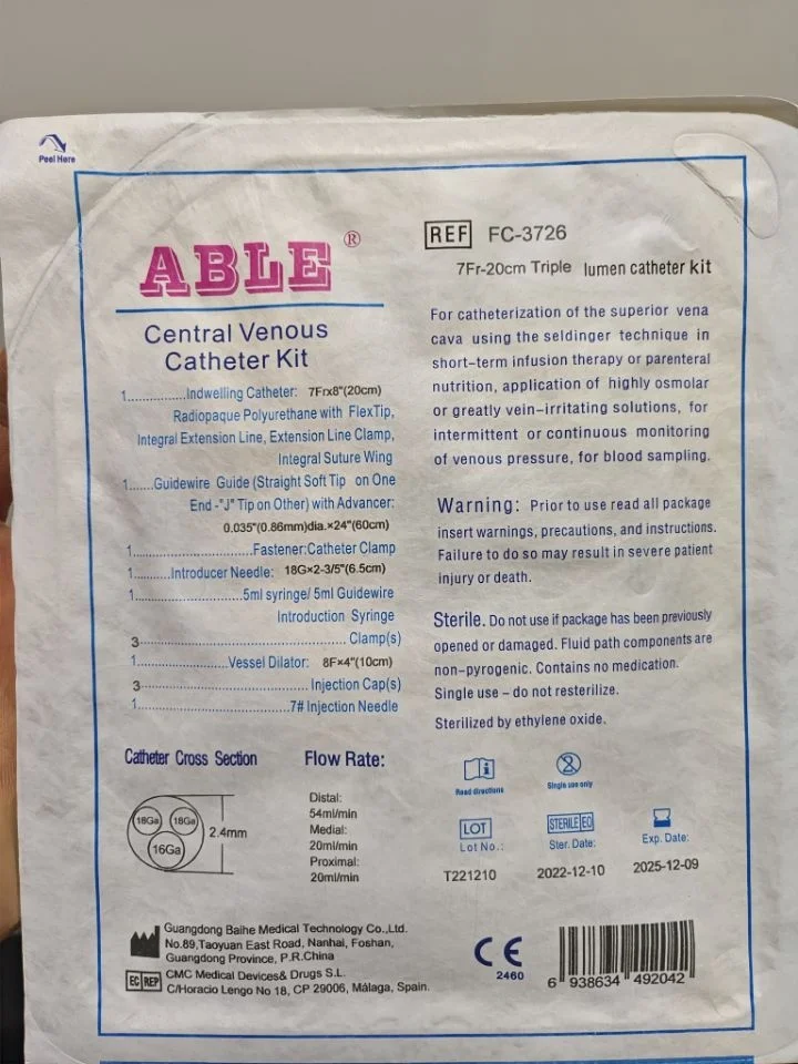 Одноразовые расходные материалы ABLE по заводской цене центральный венозная катетер больница CVC взрослый размер педиатрический CE ISO