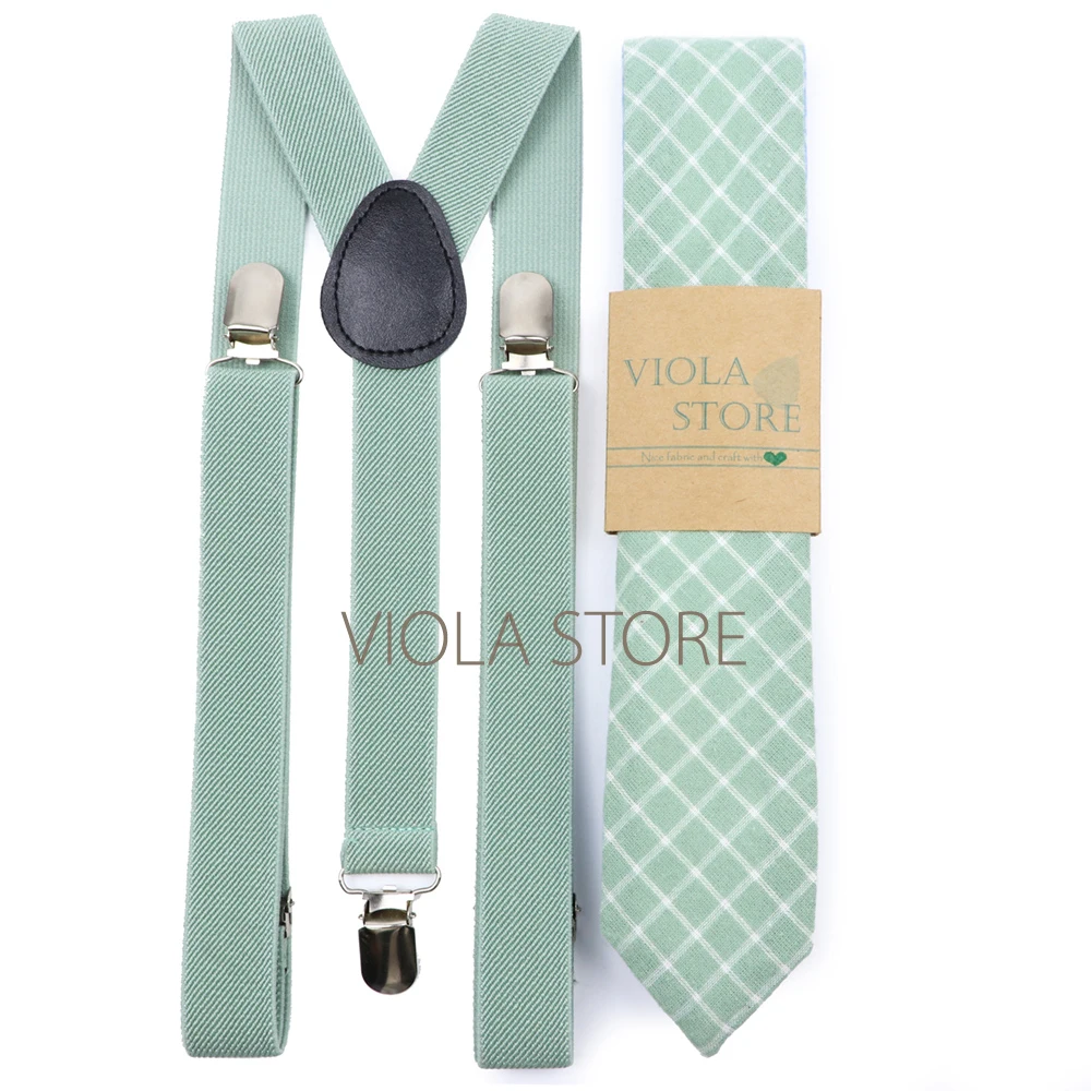 Hot Plaid Floral Sage Green 2.5cm Elastic Suspenders 6cm Tie Set Men Wedding Party Cotton Cravat Brace Adjustable Gift Accessory