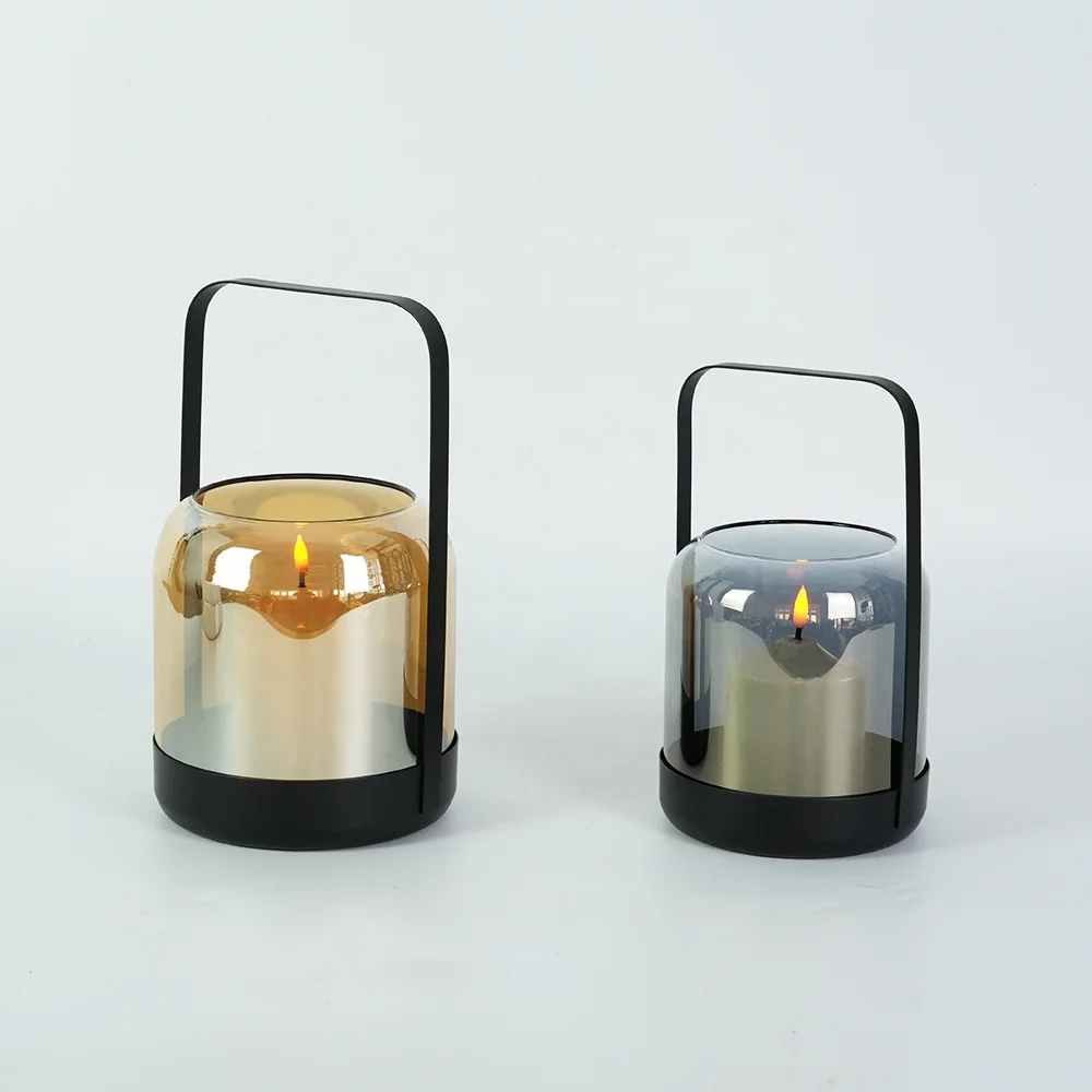 Foryoudecor new royal glass candle lantern set of 2 smoky glass metal pilar lantern for everyday use