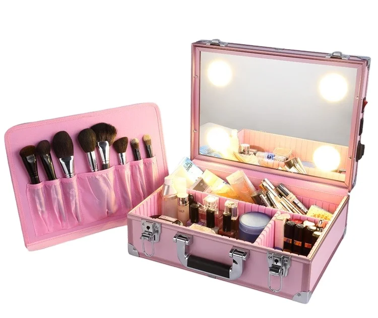 Professional pink black 3 color LED travel makeup train case with mirror light