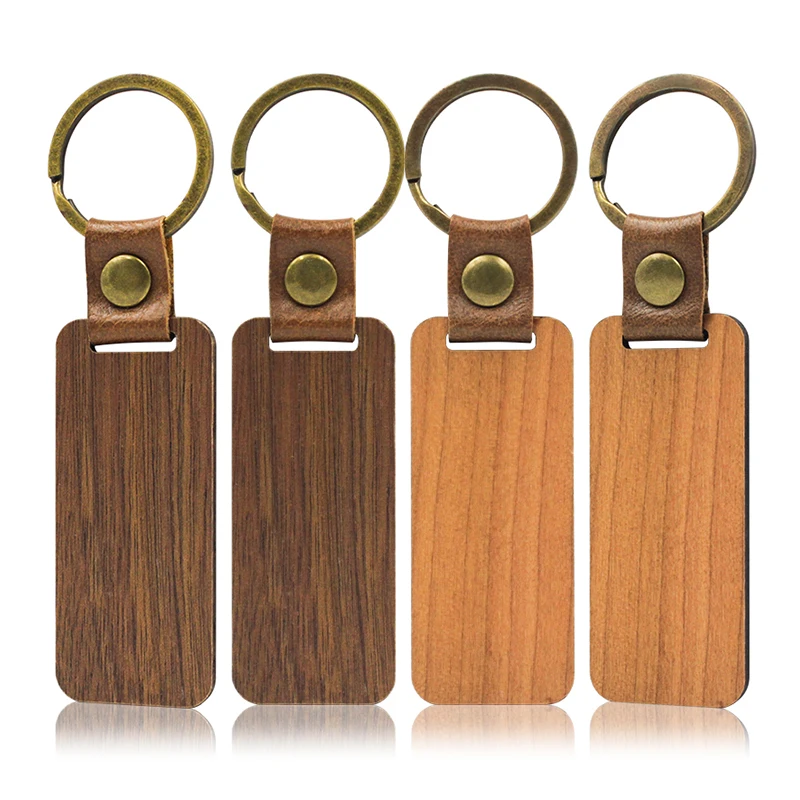 Custom Hot Sale Blank Rectangle Shape Olive Wooden Key Chain Etched Laser Dark Color Wood Key Ring Engrave Wood Keychain