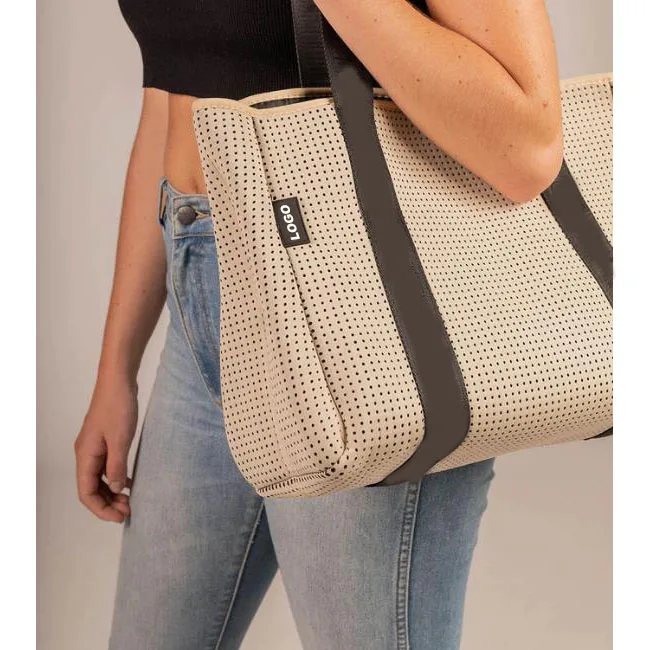 stylish neoprene tote perforated beige women neoprene tote bag for shopping beach gym overnight trips nappy bag