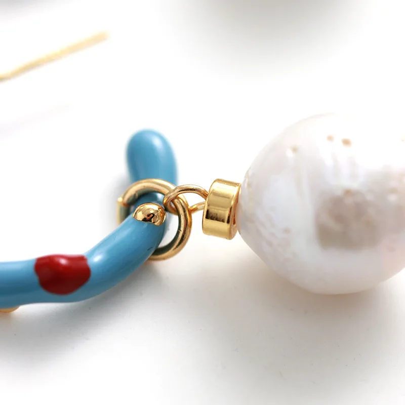New Premium French Contrast 925 Sterling Silver 18K Gold Plated Coral Enamel Natural Pearl Drop Earrings