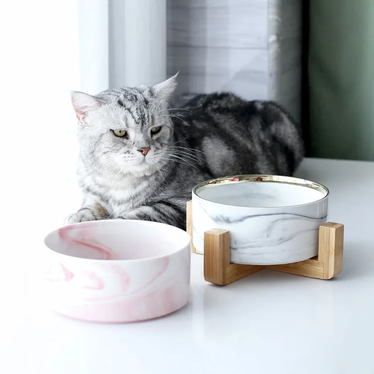 Оптовая продажа, роскошные чаши Макарон из бамбука с деревянной подставкой, креативные керамические чаши для корма собак и домашних животных