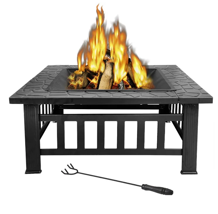 4 In 1 Outdoor Bonfire Square Fire Pit Table with BBQ Grill Rain Cover for Camping