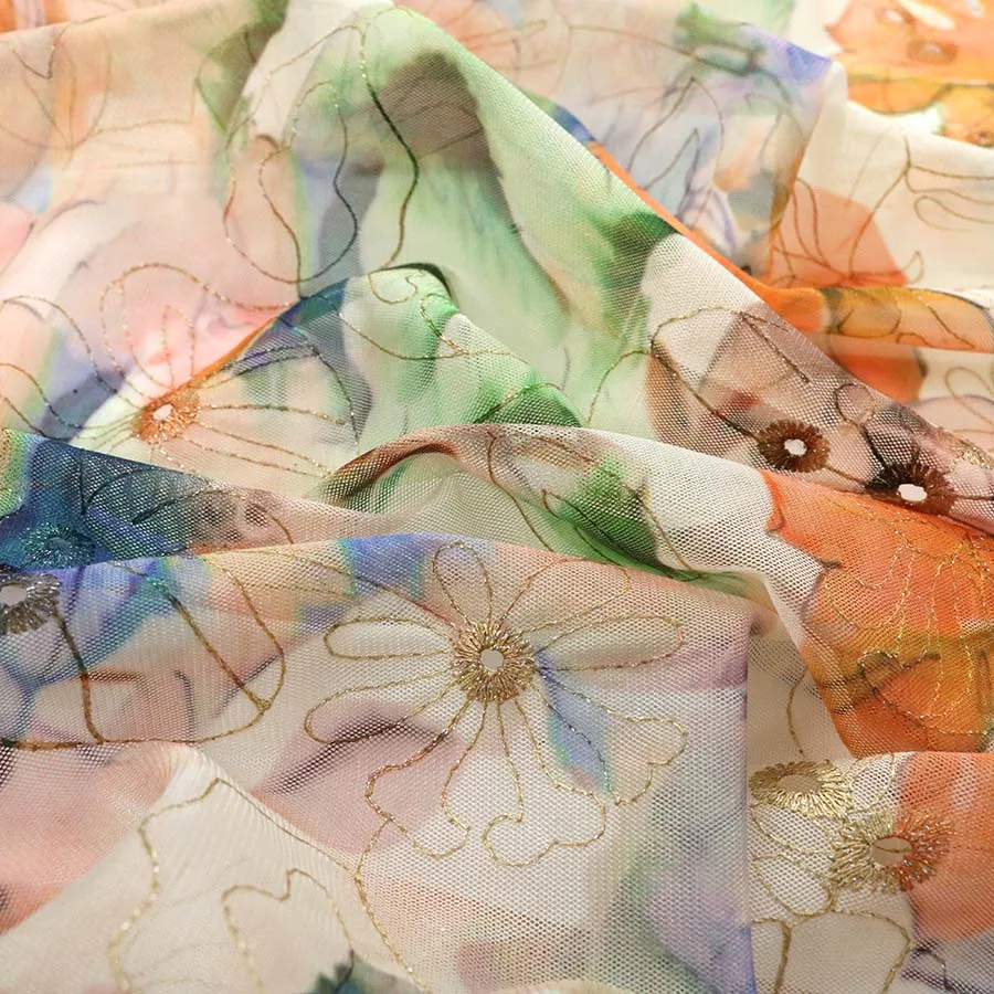 Bright Colorful Multi Metallic Yarn Embroidery Lace Tulle Printed Eyelet Fabric for  Party Wear Dresses