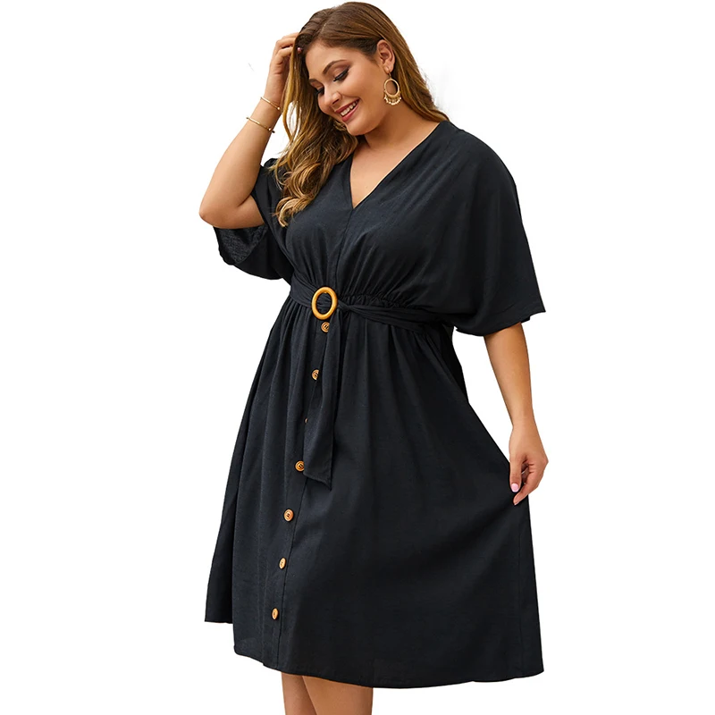 Frock Design Summer Large Size Half Sleeve V Neck Midi Buttondown High-Quality Dresses With Belt African Clothes For Women