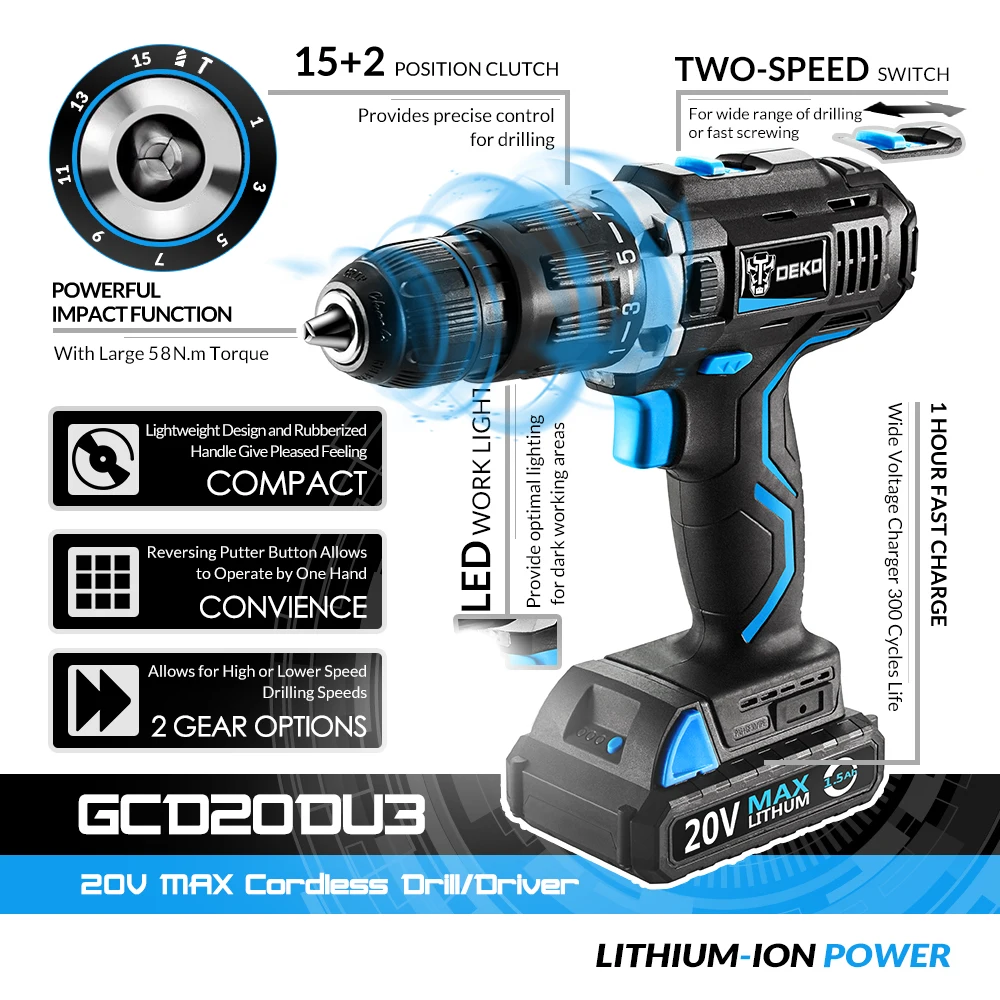 DEKO GCD20DU3 SET1 20V деревообрабатывающий литий-ионный аккумулятор 2 скорости ударная Аккумуляторная дрель-шуруповерт Электроинструмент электрическая