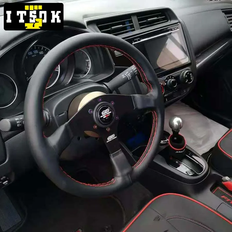 Автомобильные 14 дюймов 350 мм Натуральная кожаное рулевое колесо и красной строчкой для плоских разговоров дрейфующий гоночный автомобиль JDM тюнинг ралли изменить Для Mugen