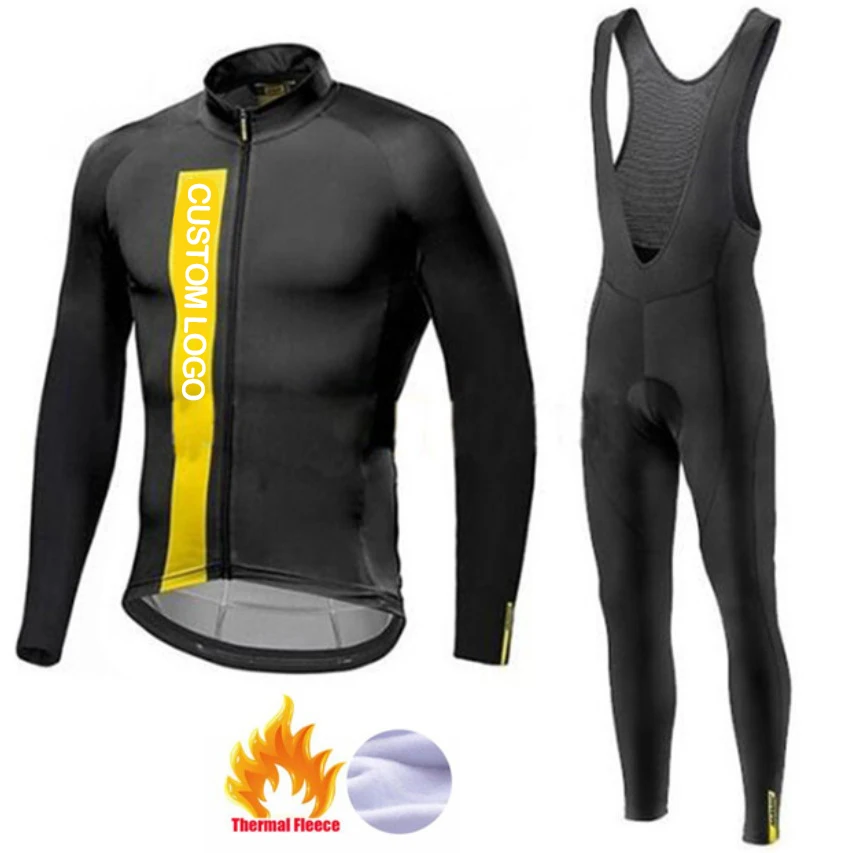 Professional custom men outdoor sports warm cycle jersey black long sleeve bib pants windproof winter cycling clothing