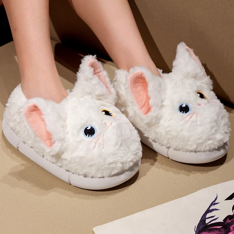 Cute white cat plush slippers black cat plush shoes winter warmer room shoes