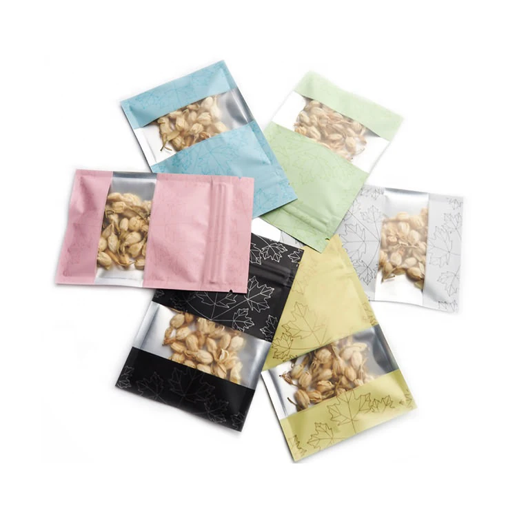 In Stock and Custom 3 Side Seal Food Packaging Maple Leaf Pattern Printed Zipper Bag Aluminum Foil Inside Colorful Window Pouch
