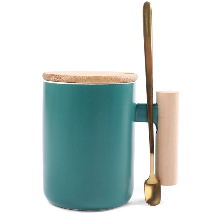 16oz custom porcelain milk cup Creative tea coffee wooden ceramic mug with bamboo lid and sleeve sale ceramic mug