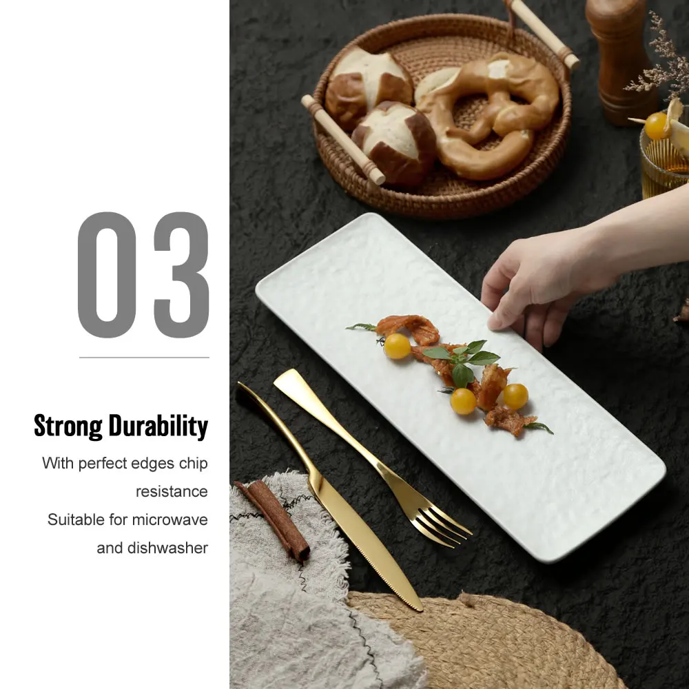 Restaurant Dinnerware Matte White Rock Texture Rectangular Ceramic Dinner Plates Long Porcelain Sushi Charger Plate