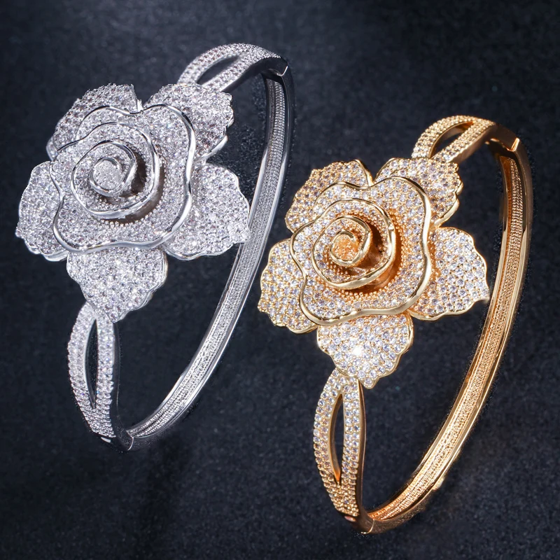 Cuff Style Full Pave Cubic Zircon Crystal Yellow Gold Color Big Geometric Rose Flower Bracelet Bangles Luxury Jewelry for Women