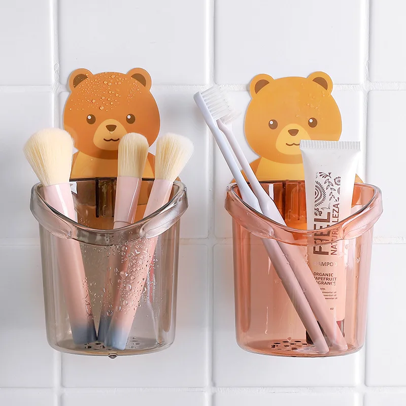 Cartoon Bear Wall Mounted Plastic Toothbrush Holder Cup Punch Free Storage Rack Bathroom Supplies Organizer Bathroom Accessories